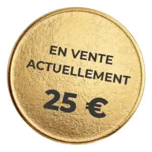 Prix du guide de l'orpaillage en France Pastille couleur or indiquant le prix de vente du guide de l'orpaillage en France, 25 euros